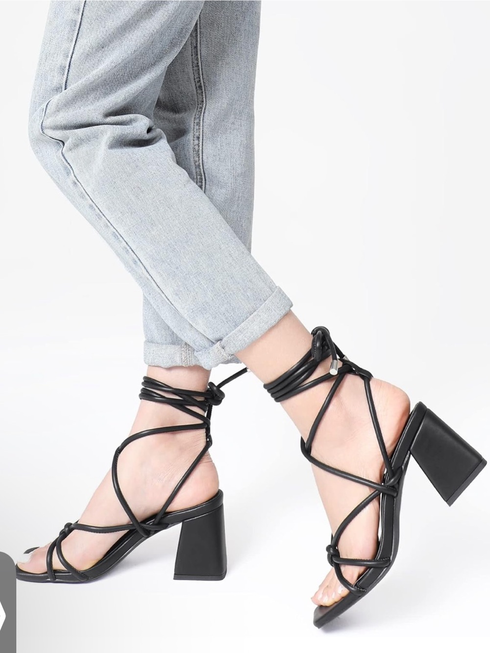 Black Strappy Lace-Up Block Heel Sandals